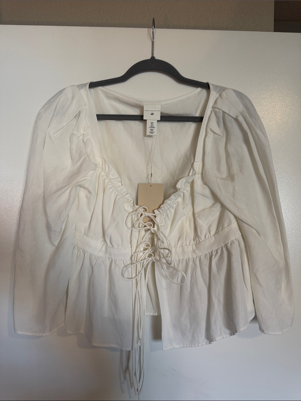 H&M White Lace-Up Peasant Blouse with Puff Sleeves